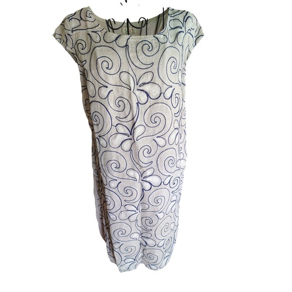 Lina Tomei Dresses & Skirts - Made in Italy Linen Embroidered Swirl Shift Dress with Pockets Navy Beige L